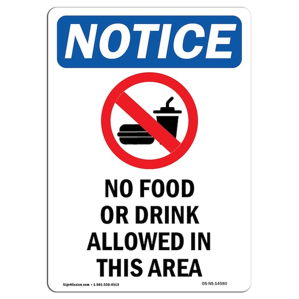 Sign, 5" H, No Food Or Drink Allowed Sign With Symbol, Portrait, NS-D-35-V-14580-10PK